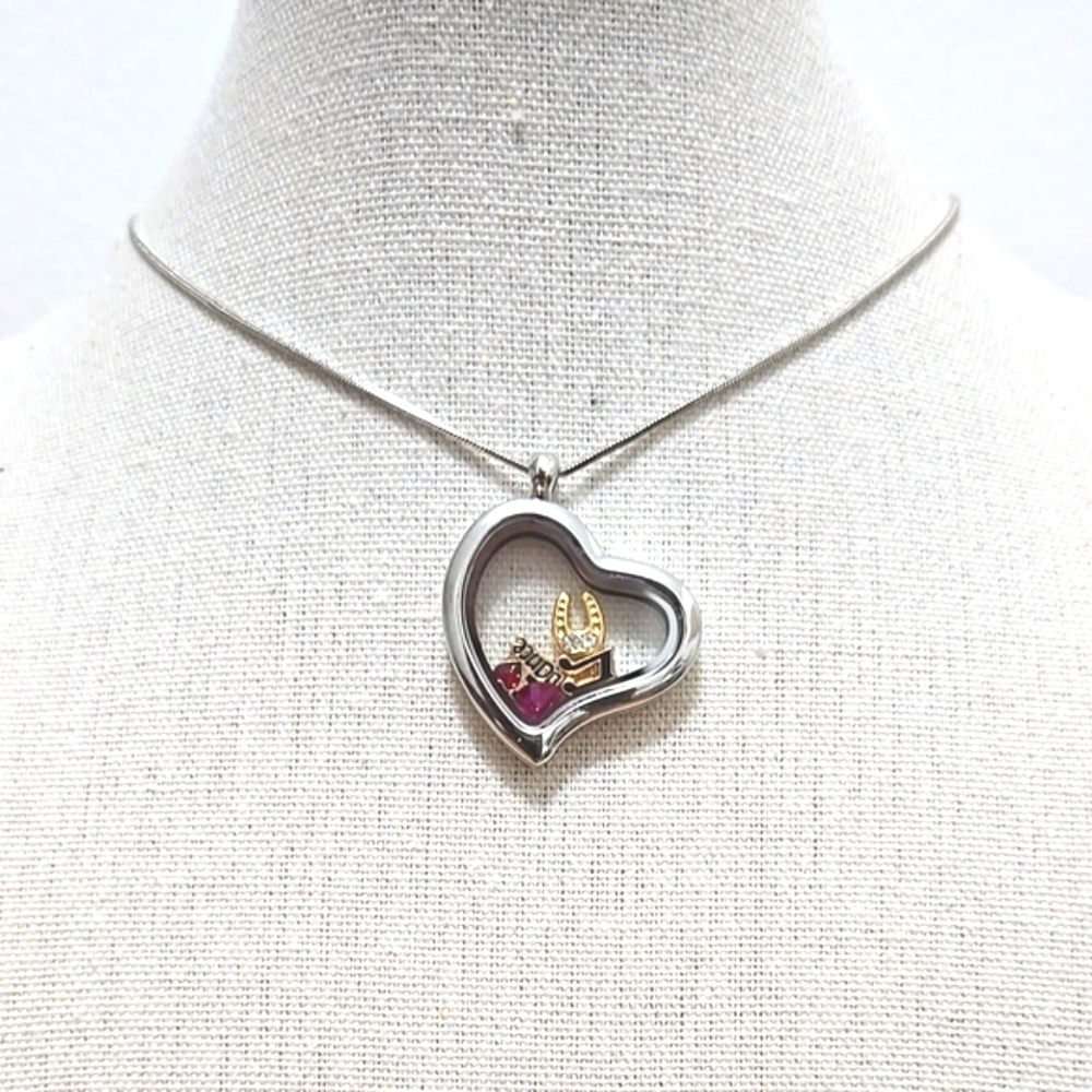SILVER TONE CLEAR HEART LOCKET NECKLACE WITH CHARMS
